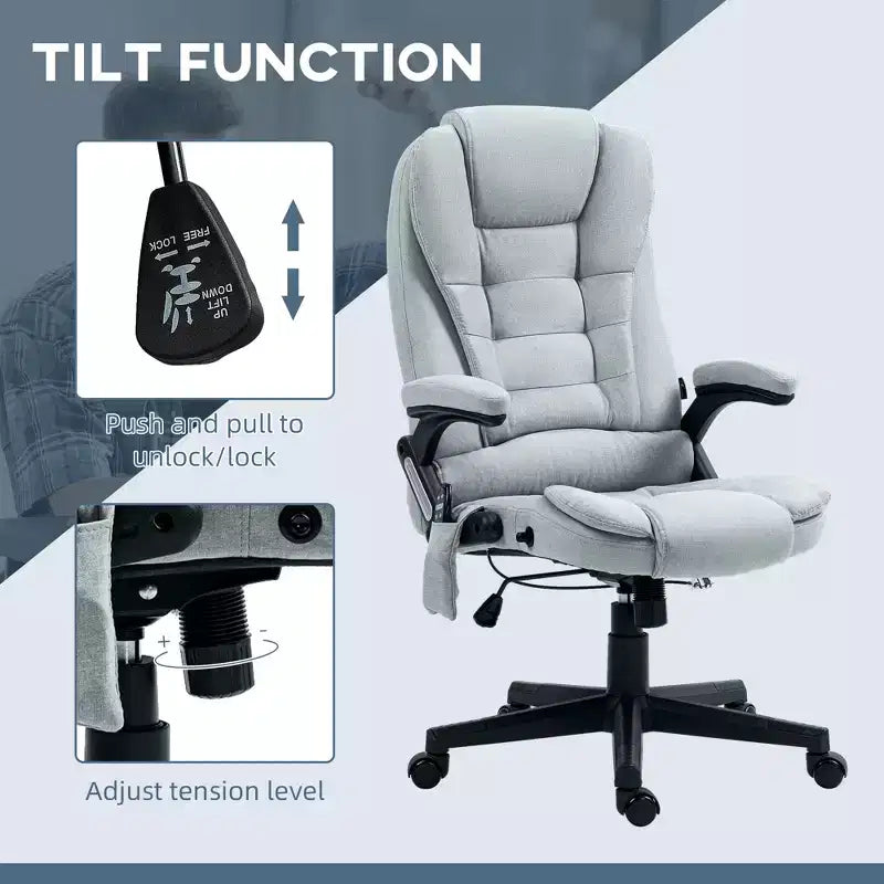 Fauteuil de bureau massant et chauffant à 6 points de vibration, Chaise de bureau massante à dossier haut en lin avec dossier inclinable