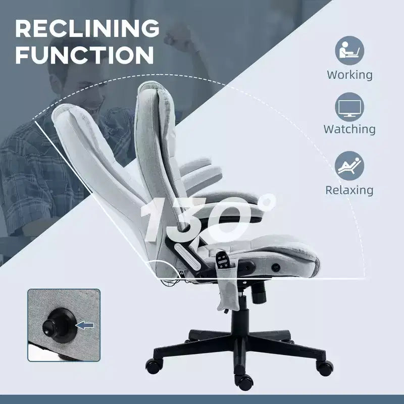 Fauteuil de bureau massant et chauffant à 6 points de vibration, Chaise de bureau massante à dossier haut en lin avec dossier inclinable