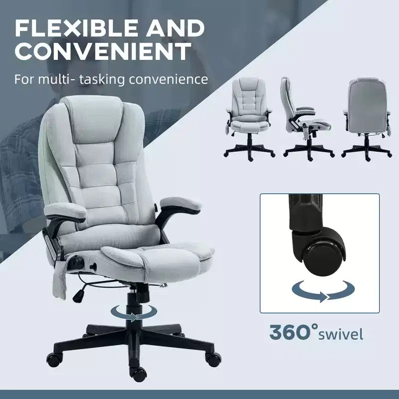 Fauteuil de bureau massant et chauffant à 6 points de vibration, Chaise de bureau massante à dossier haut en lin avec dossier inclinable