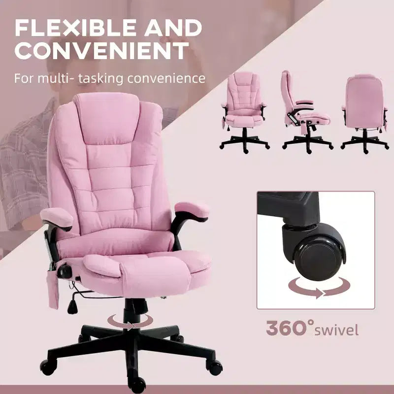 Fauteuil de bureau massant et chauffant à 6 points de vibration, Chaise de bureau massante à dossier haut en lin avec dossier inclinable
