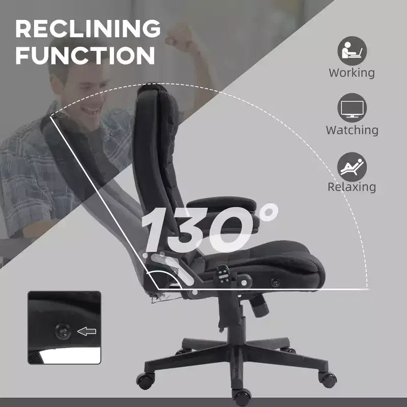 Fauteuil de bureau massant et chauffant à 6 points de vibration, Chaise de bureau massante à dossier haut en lin avec dossier inclinable