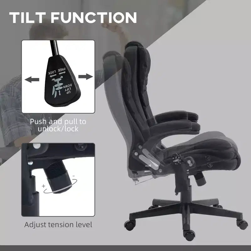 Fauteuil de bureau massant et chauffant à 6 points de vibration, Chaise de bureau massante à dossier haut en lin avec dossier inclinable