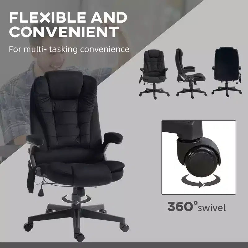 Fauteuil de bureau massant et chauffant à 6 points de vibration, Chaise de bureau massante à dossier haut en lin avec dossier inclinable