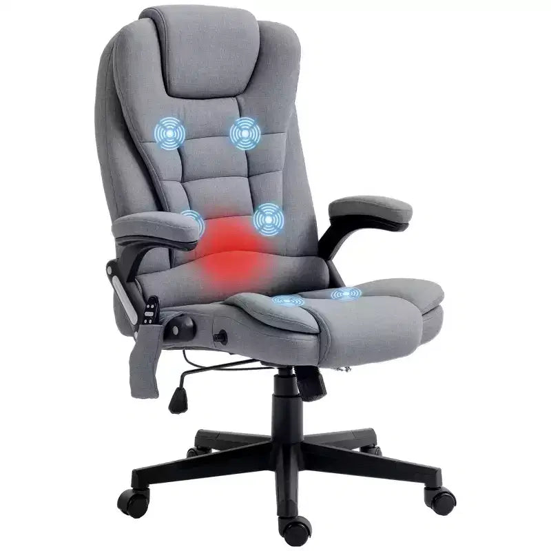 Fauteuil de bureau massant et chauffant à 6 points de vibration, Chaise de bureau massante à dossier haut en lin avec dossier inclinable