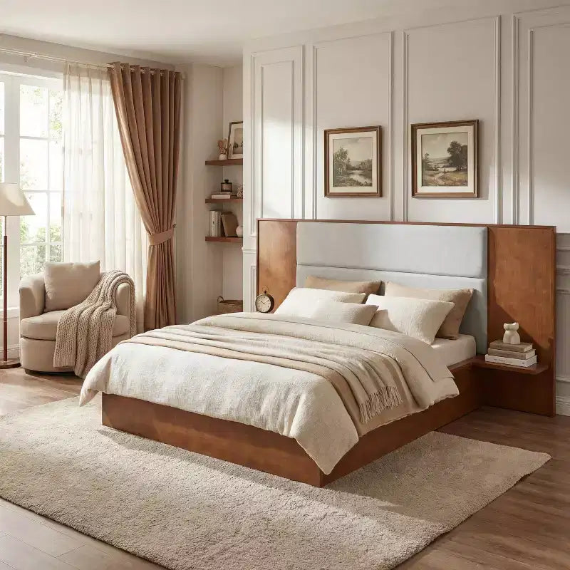 Cadre de lit plateforme moderne en bois Parker Christopher Knight Home avec tête de lit capitonnée et étagères de rangement latérales