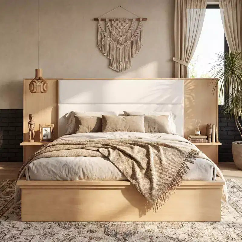 Cadre de lit plateforme moderne en bois Parker Christopher Knight Home avec tête de lit capitonnée et étagères de rangement latérales