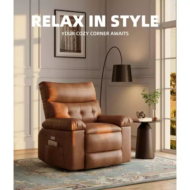 Oversized Swivel Recliner Dining Chair, Vintage Dual-Tone PU Leather, Heat/Massage, Remote, Collapsible Armrests, 360 Base, Nursery/Living Room