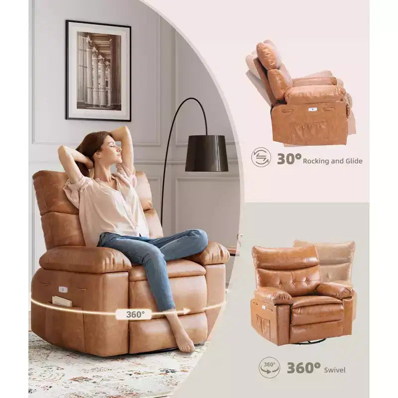 Fauteuil de salle à manger inclinable pivotant surdimensionné, similicuir PU bicolore vintage, chauffage/massage, télécommande, accoudoirs escamotables, base à 360°, chambre d'enfant/salon