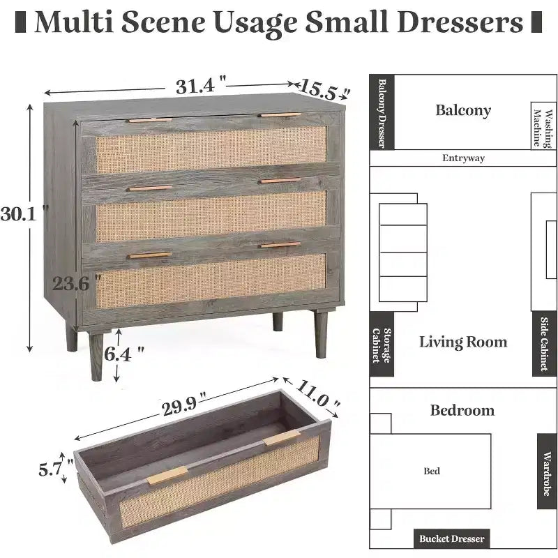 Commode en rotin TYBOATLE, commode à 3 tiroirs avec détails en cannage bohème, organisateur de rangement moderne du milieu du siècle pour chambre à coucher, salon