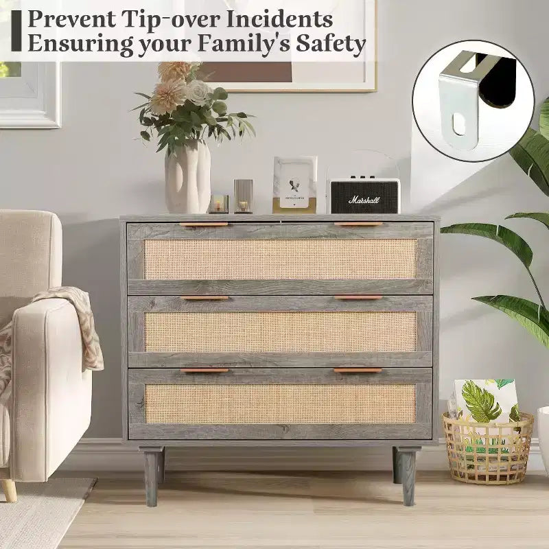 Commode en rotin TYBOATLE, commode à 3 tiroirs avec détails en cannage bohème, organisateur de rangement moderne du milieu du siècle pour chambre à coucher, salon