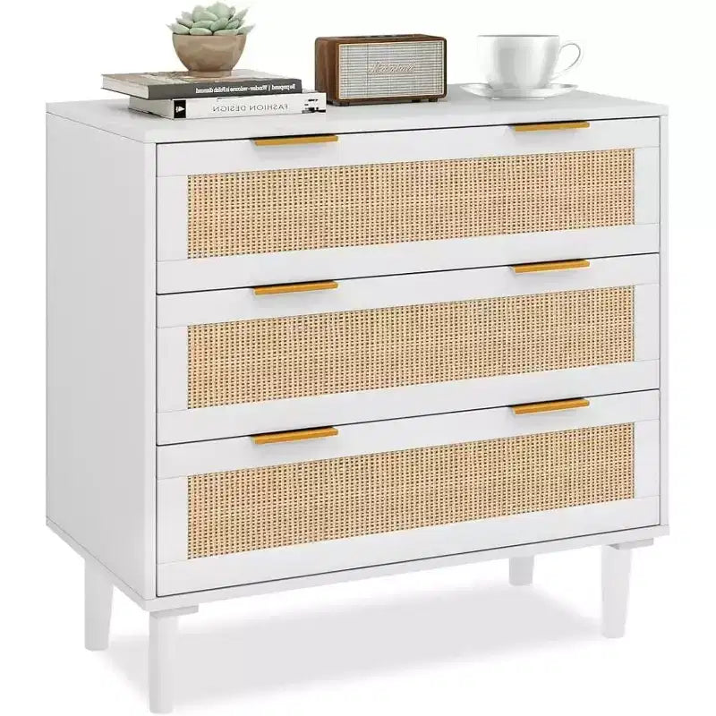 Commode en rotin TYBOATLE, commode à 3 tiroirs avec détails en cannage bohème, organisateur de rangement moderne du milieu du siècle pour chambre à coucher, salon