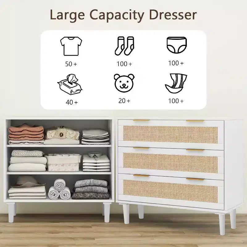 Commode en rotin TYBOATLE, commode à 3 tiroirs avec détails en cannage bohème, organisateur de rangement moderne du milieu du siècle pour chambre à coucher, salon