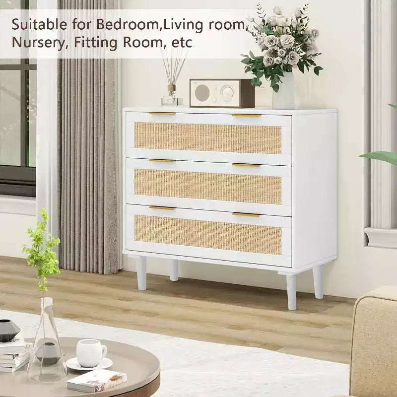 Commode en rotin TYBOATLE, commode à 3 tiroirs avec détails en cannage bohème, organisateur de rangement moderne du milieu du siècle pour chambre à coucher, salon