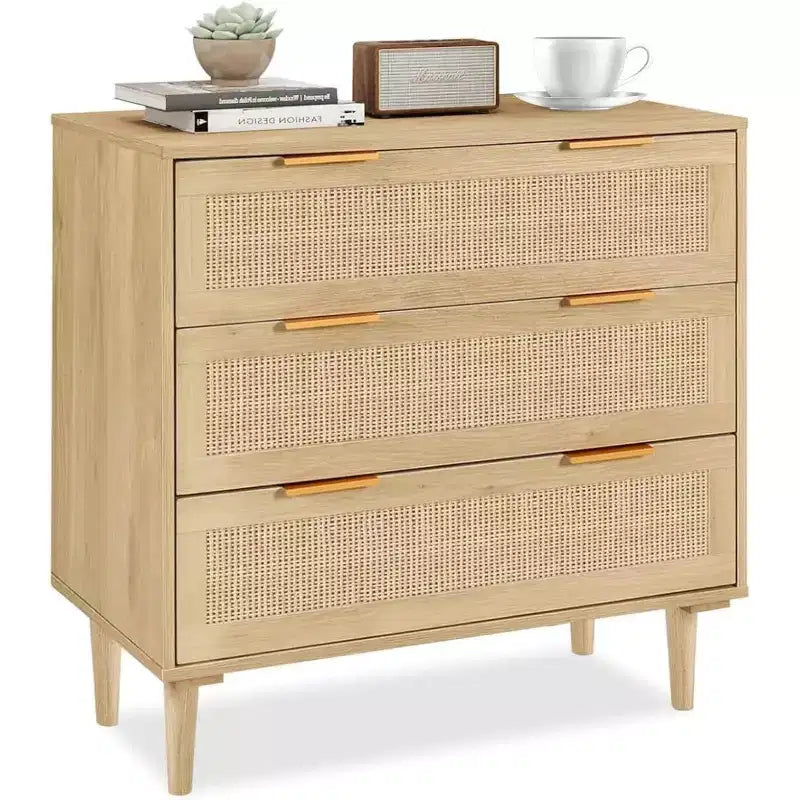 Commode en rotin TYBOATLE, commode à 3 tiroirs avec détails en cannage bohème, organisateur de rangement moderne du milieu du siècle pour chambre à coucher, salon