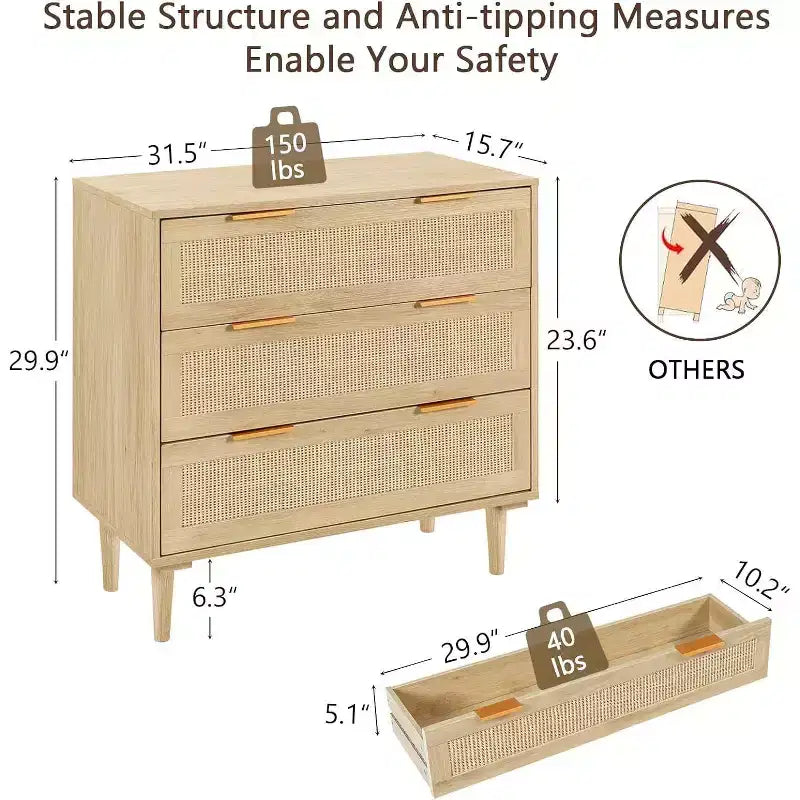 Commode en rotin TYBOATLE, commode à 3 tiroirs avec détails en cannage bohème, organisateur de rangement moderne du milieu du siècle pour chambre à coucher, salon