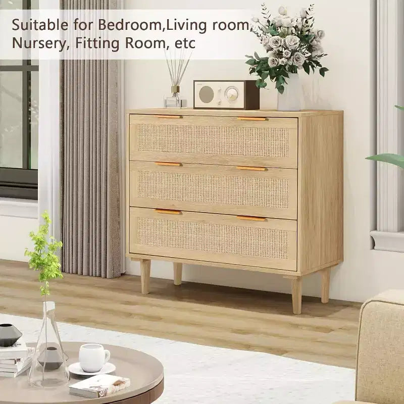 Commode en rotin TYBOATLE, commode à 3 tiroirs avec détails en cannage bohème, organisateur de rangement moderne du milieu du siècle pour chambre à coucher, salon