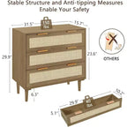 Commode en rotin TYBOATLE, commode à 3 tiroirs avec détails en cannage bohème, organisateur de rangement moderne du milieu du siècle pour chambre à coucher, salon