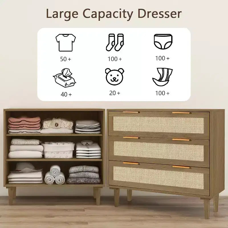 Commode en rotin TYBOATLE, commode à 3 tiroirs avec détails en cannage bohème, organisateur de rangement moderne du milieu du siècle pour chambre à coucher, salon