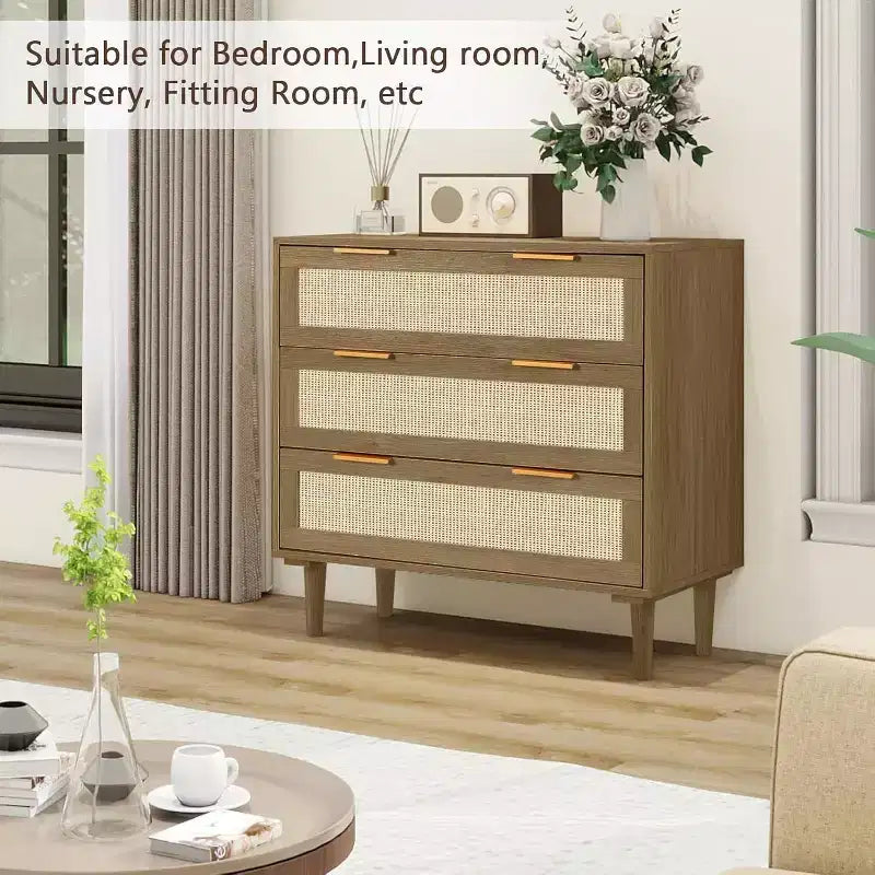 Commode en rotin TYBOATLE, commode à 3 tiroirs avec détails en cannage bohème, organisateur de rangement moderne du milieu du siècle pour chambre à coucher, salon