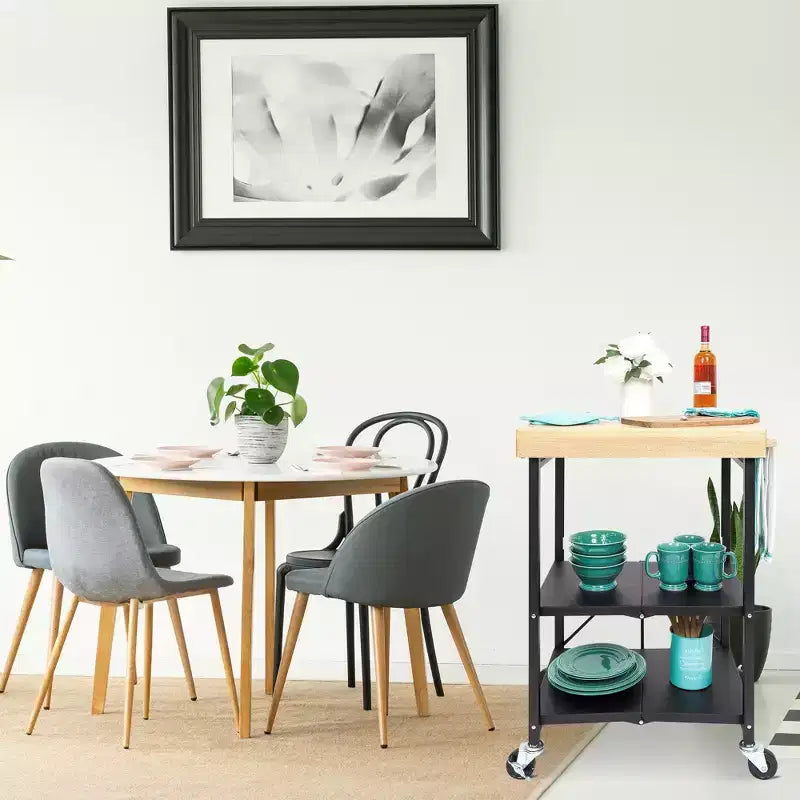 Îlot de cuisine portable Origami pliable sur roulettes avec structure en acier/plateau en bois massif, étagères ouvertes et porte-serviettes intégré, noir