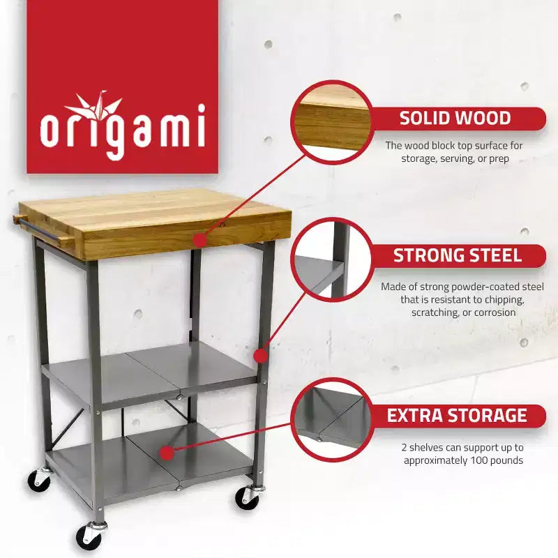 Îlot de cuisine portable Origami pliable sur roulettes avec structure en acier/plateau en bois massif, étagères ouvertes et porte-serviettes intégré, noir