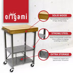 Îlot de cuisine portable Origami pliable sur roulettes avec structure en acier/plateau en bois massif, étagères ouvertes et porte-serviettes intégré, noir