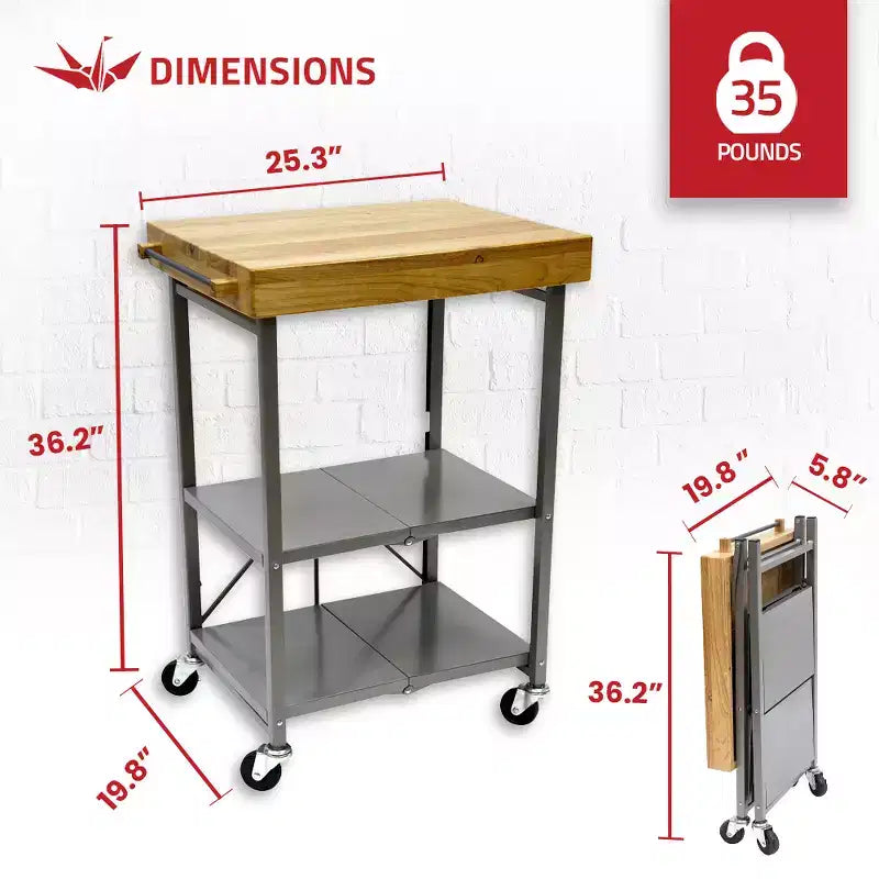 Îlot de cuisine portable Origami pliable sur roulettes avec structure en acier/plateau en bois massif, étagères ouvertes et porte-serviettes intégré, noir
