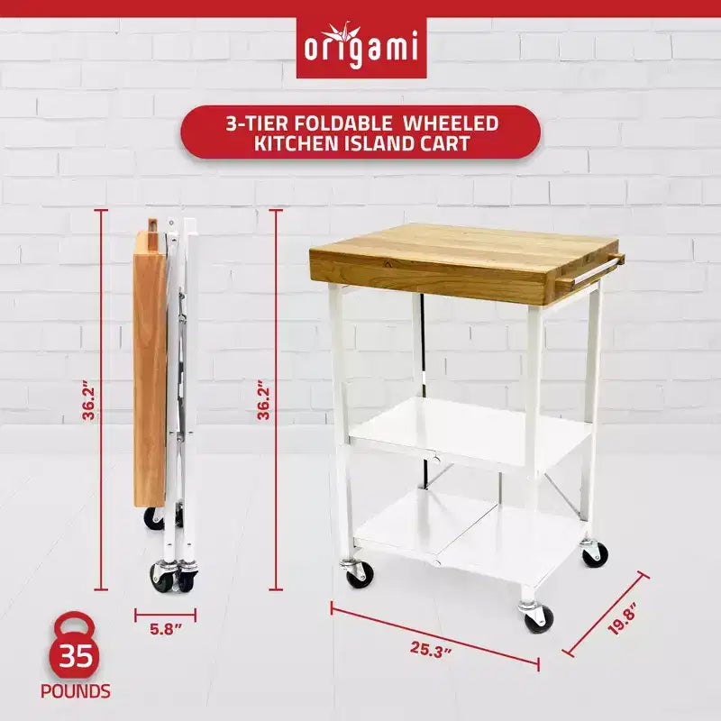 Îlot de cuisine portable Origami pliable sur roulettes avec structure en acier/plateau en bois massif, étagères ouvertes et porte-serviettes intégré, noir