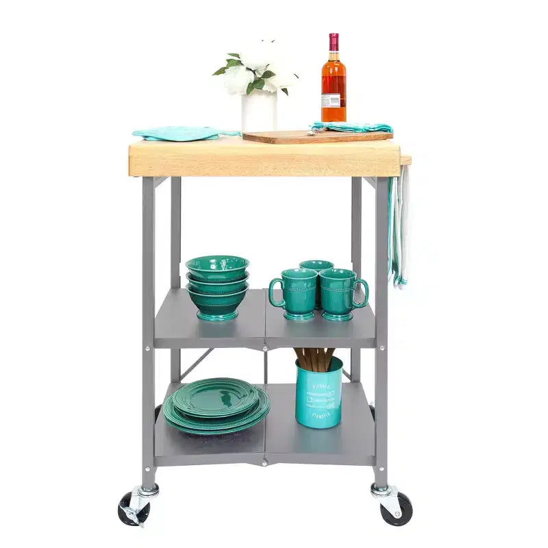 Îlot de cuisine portable Origami pliable sur roulettes avec structure en acier/plateau en bois massif, étagères ouvertes et porte-serviettes intégré, noir