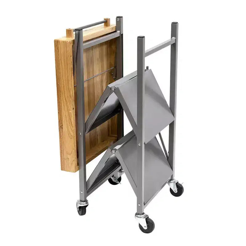 Îlot de cuisine portable Origami pliable sur roulettes avec structure en acier/plateau en bois massif, étagères ouvertes et porte-serviettes intégré, noir