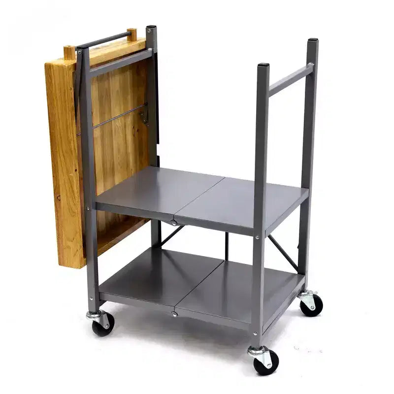 Îlot de cuisine portable Origami pliable sur roulettes avec structure en acier/plateau en bois massif, étagères ouvertes et porte-serviettes intégré, noir