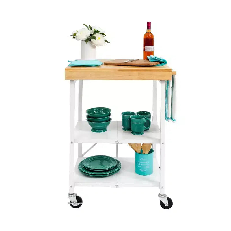 Îlot de cuisine portable Origami pliable sur roulettes avec structure en acier/plateau en bois massif, étagères ouvertes et porte-serviettes intégré, noir