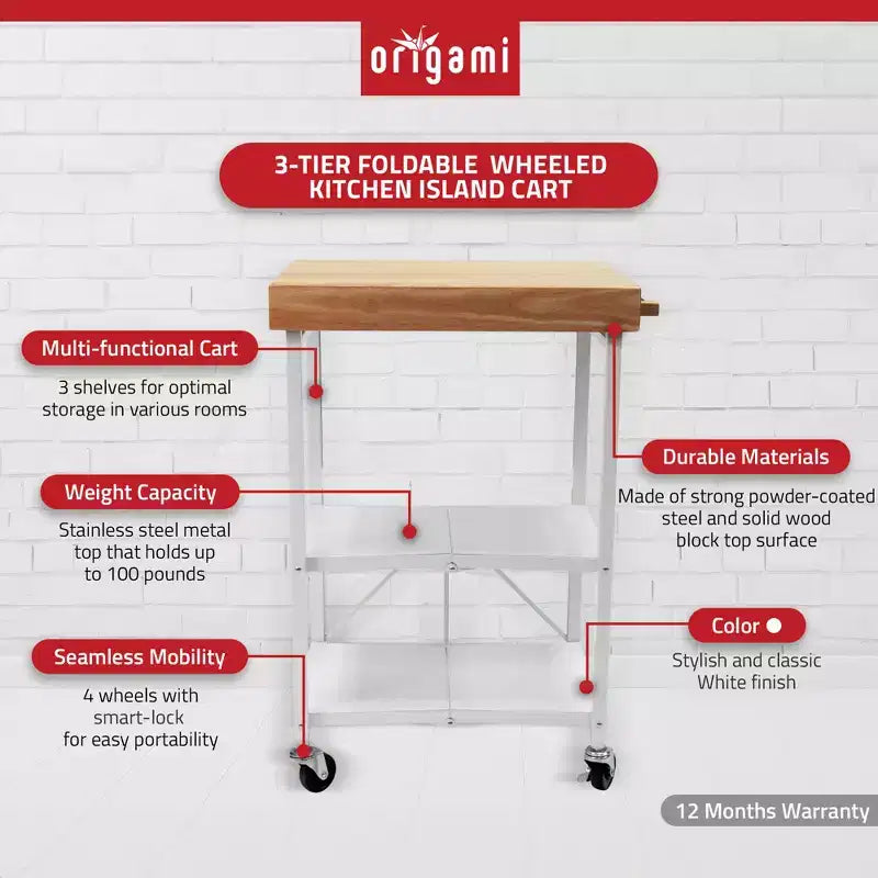 Îlot de cuisine portable Origami pliable sur roulettes avec structure en acier/plateau en bois massif, étagères ouvertes et porte-serviettes intégré, noir