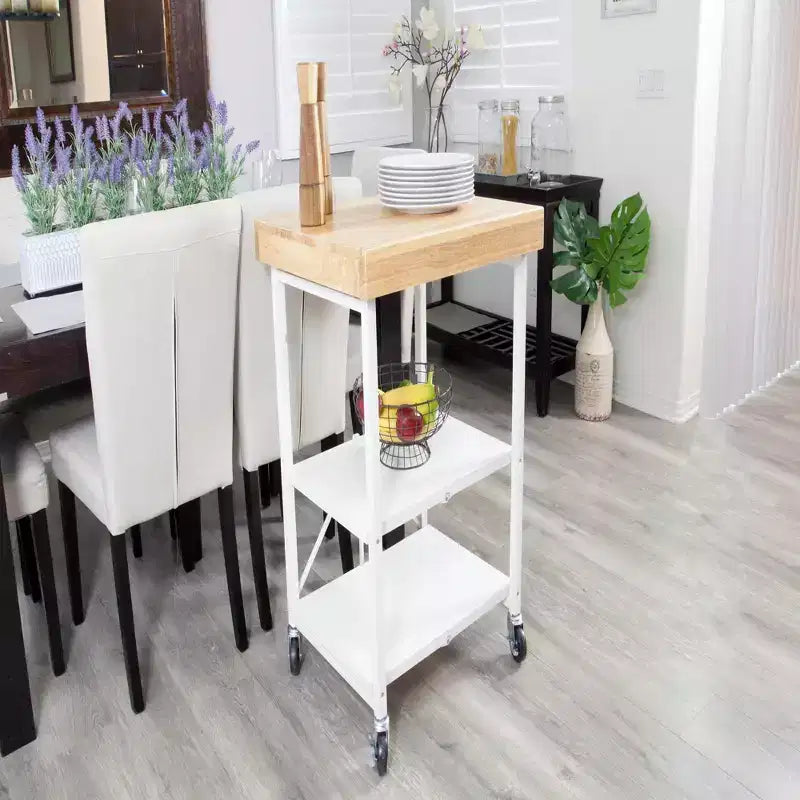 Îlot de cuisine portable Origami pliable sur roulettes avec structure en acier/plateau en bois massif, étagères ouvertes et porte-serviettes intégré, noir