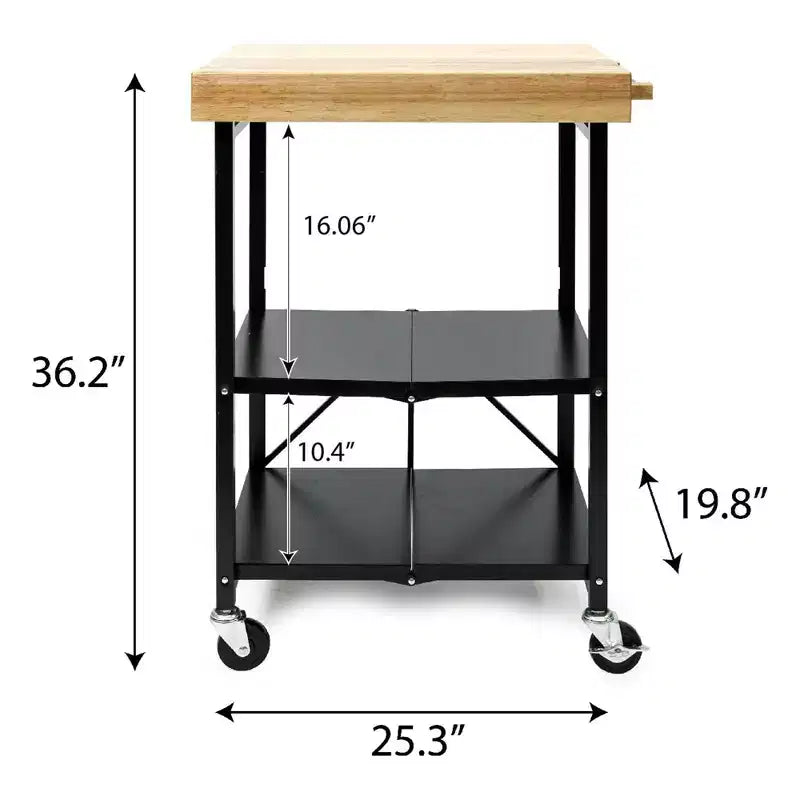 Îlot de cuisine portable Origami pliable sur roulettes avec structure en acier/plateau en bois massif, étagères ouvertes et porte-serviettes intégré, noir