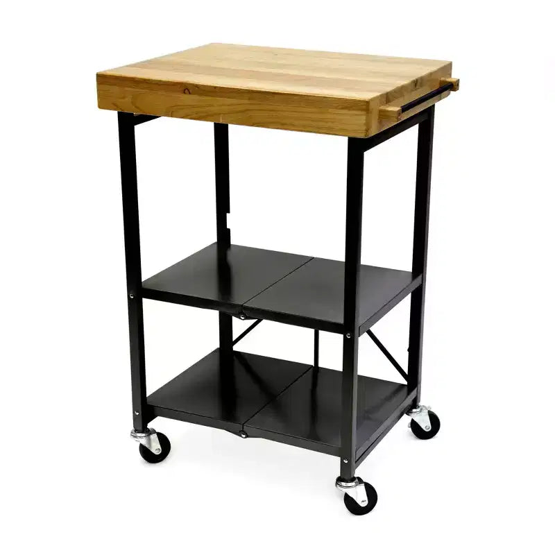 Îlot de cuisine portable Origami pliable sur roulettes avec structure en acier/plateau en bois massif, étagères ouvertes et porte-serviettes intégré, noir