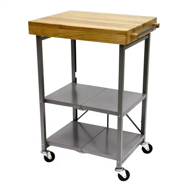 Îlot de cuisine portable Origami pliable sur roulettes avec structure en acier/plateau en bois massif, étagères ouvertes et porte-serviettes intégré, noir