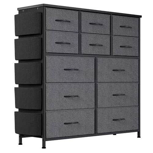12-Drawer Fabric Storage Cabinet, 5 Side Pockets, 2 Hooks, Metal Frame, Adjustable Feet, for Bedroom, Living Room