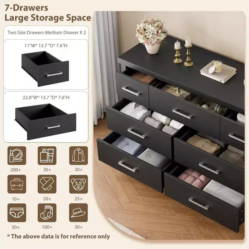 7 Drawers Dresser, Metal Handle, Wooden Dresser Organizer, for Living Room, Entryway