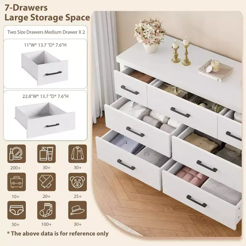7 Drawers Dresser, Metal Handle, Wooden Dresser Organizer, for Living Room, Entryway