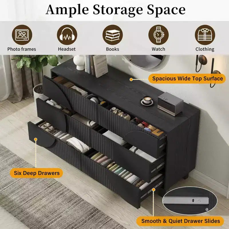 Commode moderne à 6 tiroirs Whisen avec panneau cannelé, coffre d'appoint pour chambre à coucher, armoire de rangement polyvalente