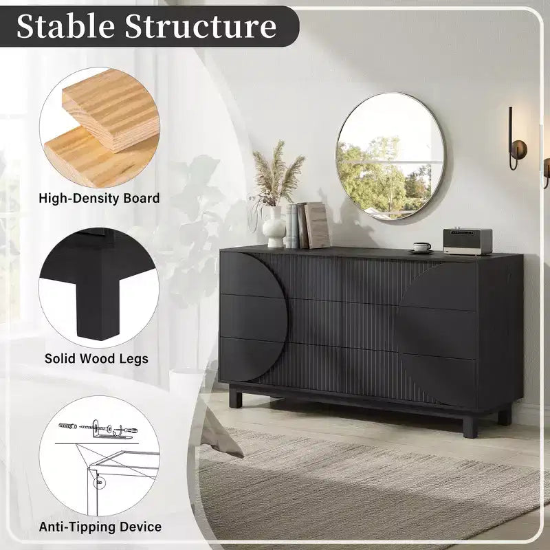 Commode moderne à 6 tiroirs Whisen avec panneau cannelé, coffre d'appoint pour chambre à coucher, armoire de rangement polyvalente