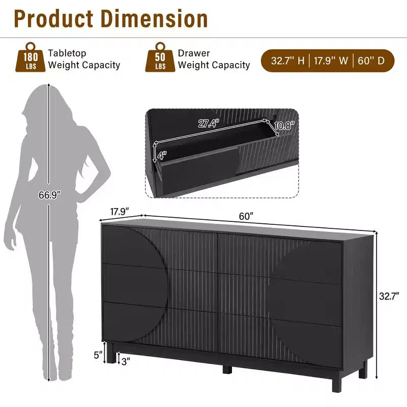Commode moderne à 6 tiroirs Whisen avec panneau cannelé, coffre d'appoint pour chambre à coucher, armoire de rangement polyvalente