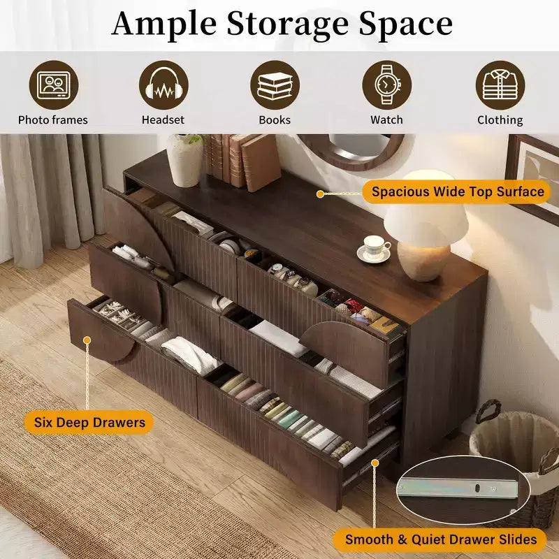 Commode moderne à 6 tiroirs Whisen avec panneau cannelé, coffre d'appoint pour chambre à coucher, armoire de rangement polyvalente