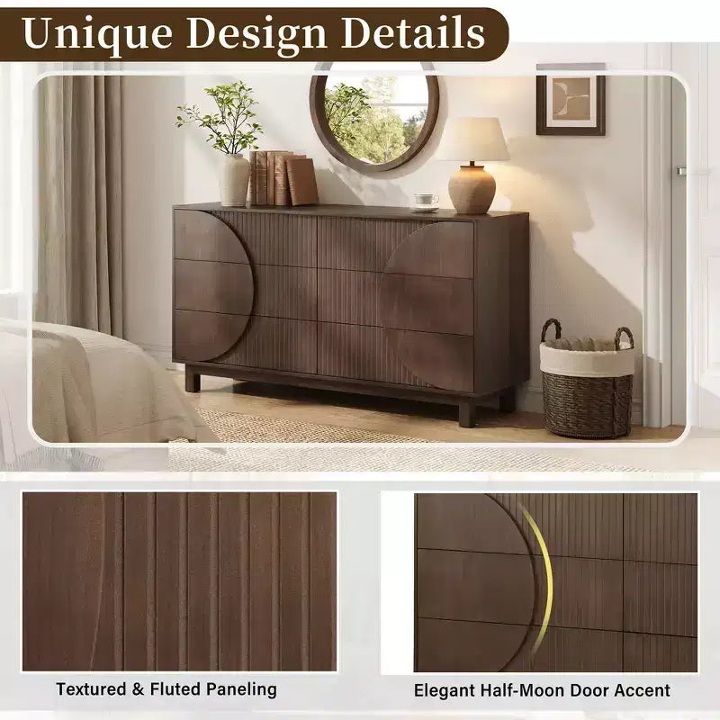 Commode moderne à 6 tiroirs Whisen avec panneau cannelé, coffre d'appoint pour chambre à coucher, armoire de rangement polyvalente