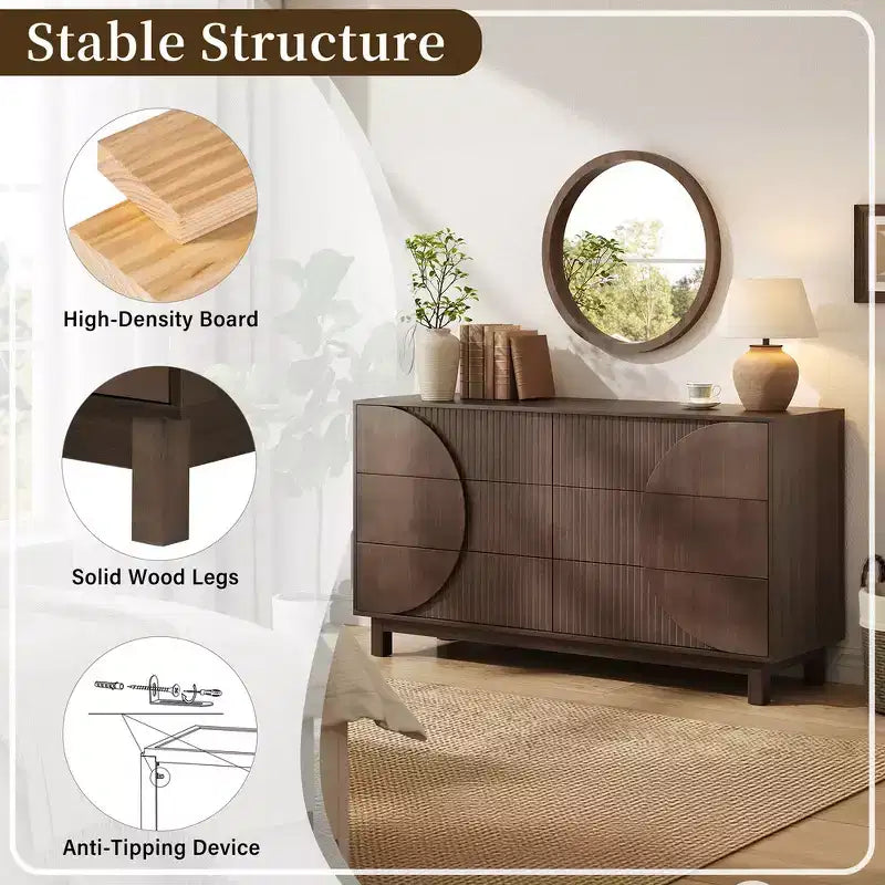 Commode moderne à 6 tiroirs Whisen avec panneau cannelé, coffre d'appoint pour chambre à coucher, armoire de rangement polyvalente