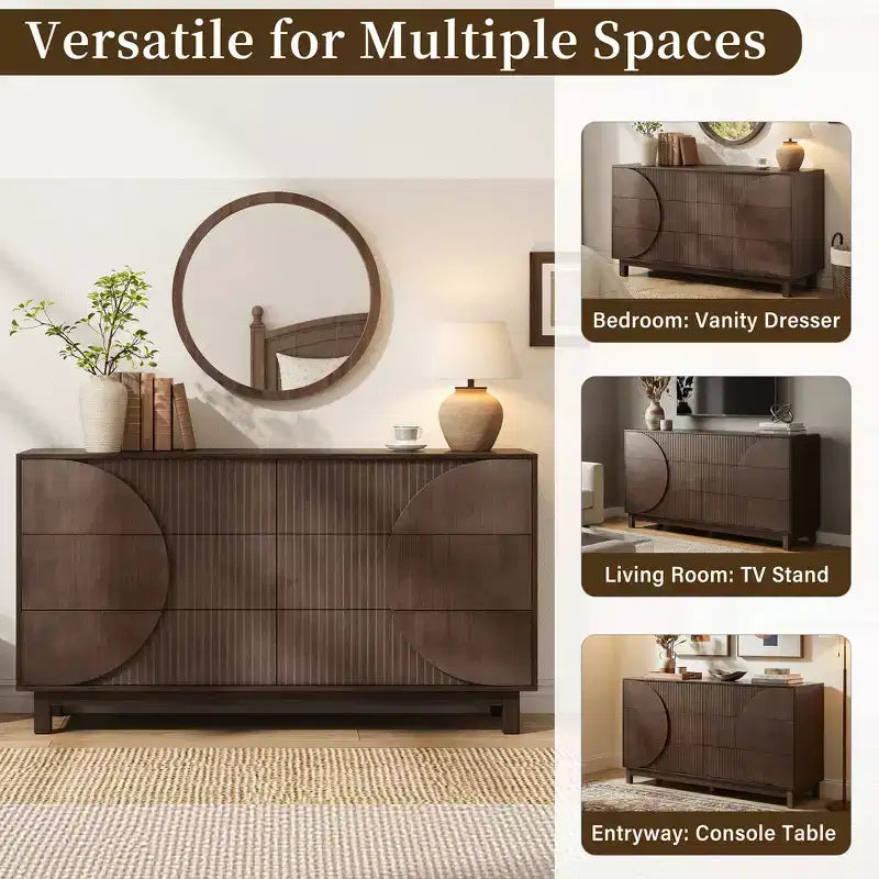 Commode moderne à 6 tiroirs Whisen avec panneau cannelé, coffre d'appoint pour chambre à coucher, armoire de rangement polyvalente