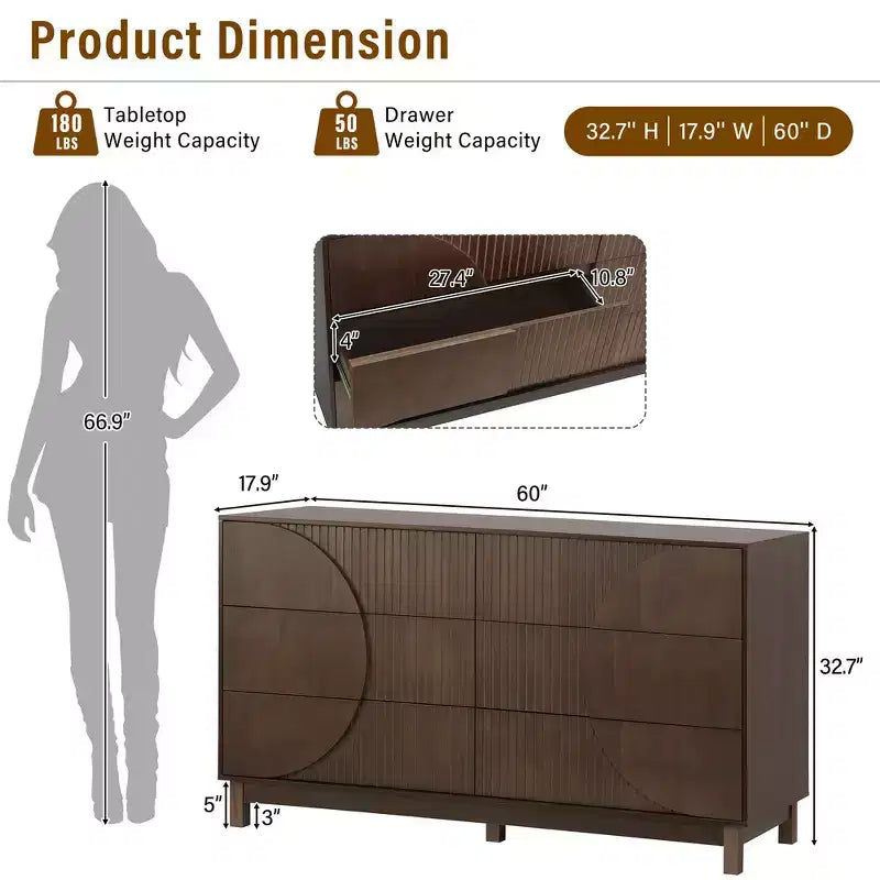 Commode moderne à 6 tiroirs Whisen avec panneau cannelé, coffre d'appoint pour chambre à coucher, armoire de rangement polyvalente