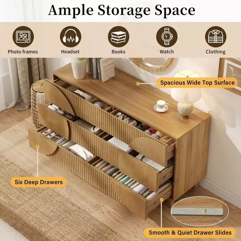Commode moderne à 6 tiroirs Whisen avec panneau cannelé, coffre d'appoint pour chambre à coucher, armoire de rangement polyvalente