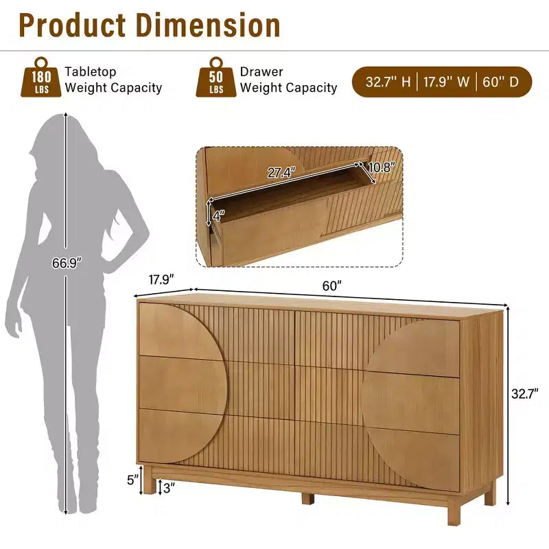 Commode moderne à 6 tiroirs Whisen avec panneau cannelé, coffre d'appoint pour chambre à coucher, armoire de rangement polyvalente